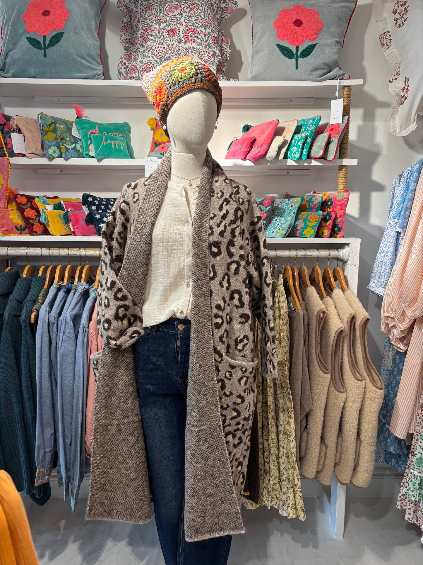 Soft Tweed Roll Collar Coatigan - Leopard Jacquard