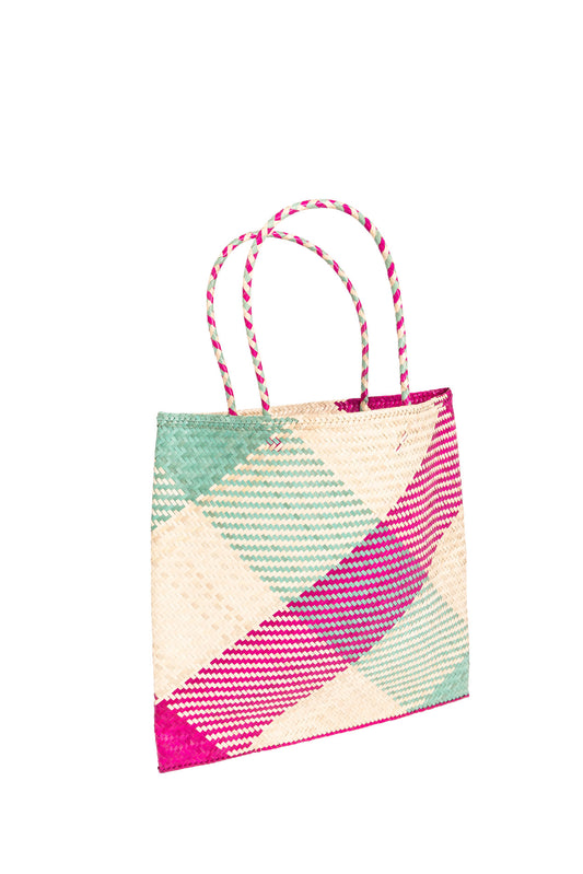 Raffia Square Shopper in Pink/Aqua