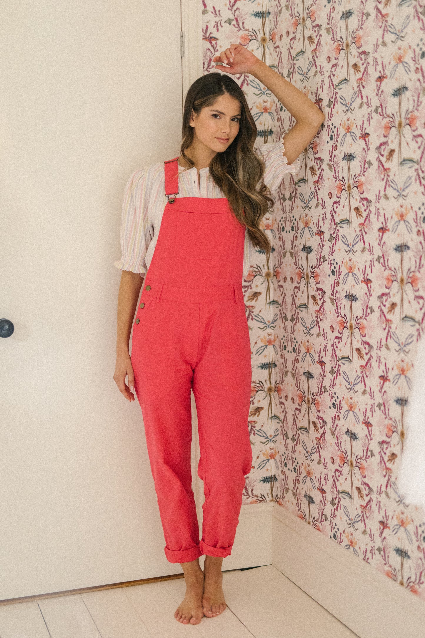 Linen Dungarees In Lipstick Pink