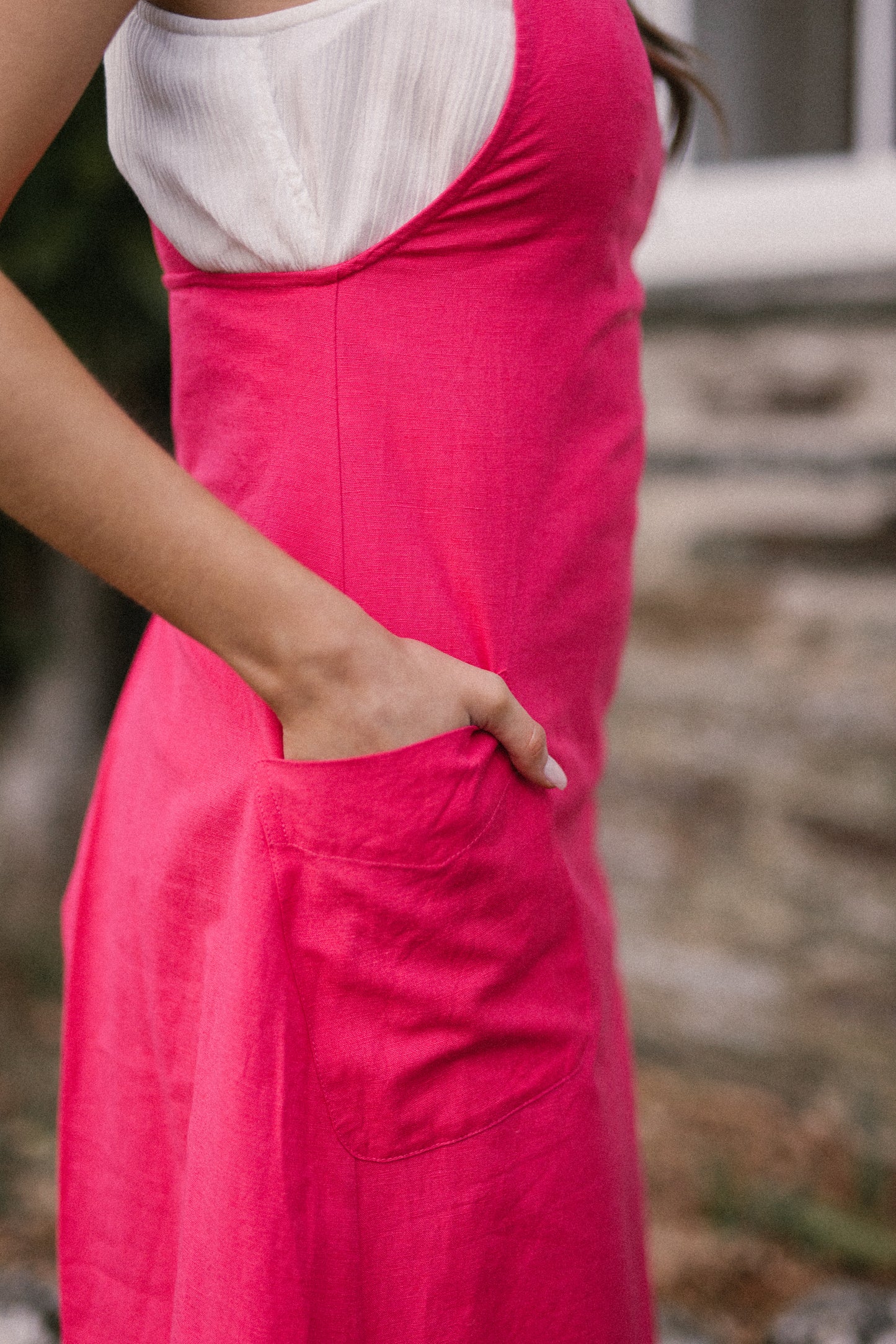 Linen Pinafore Dress in Lipstick Pink