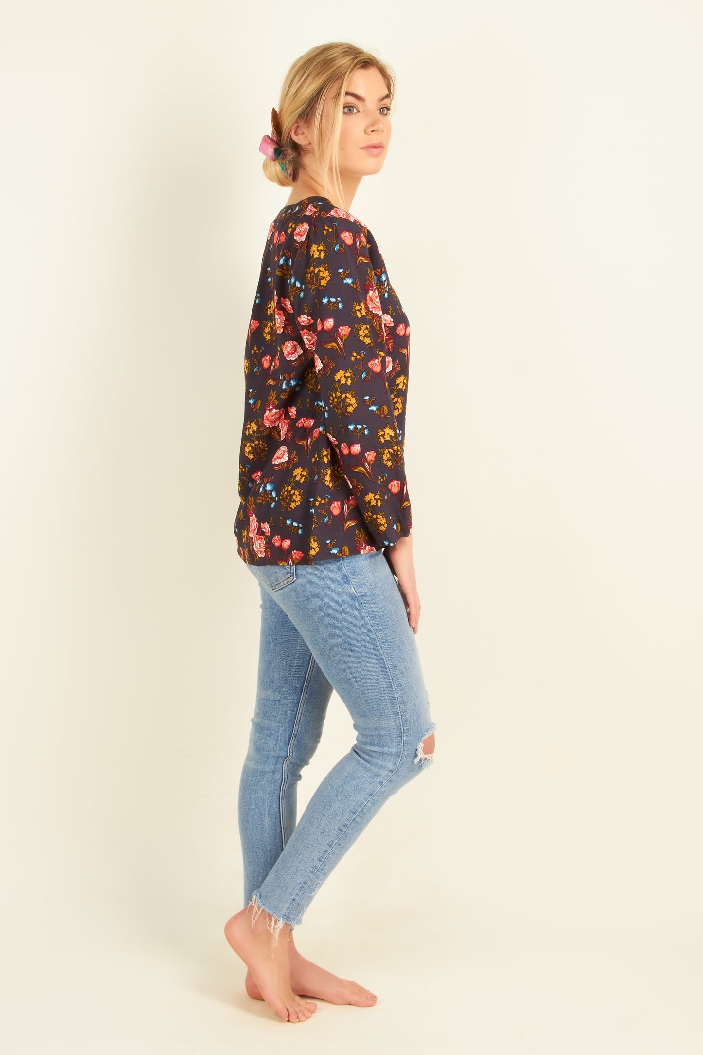 Navy Floral Long Sleeve Top