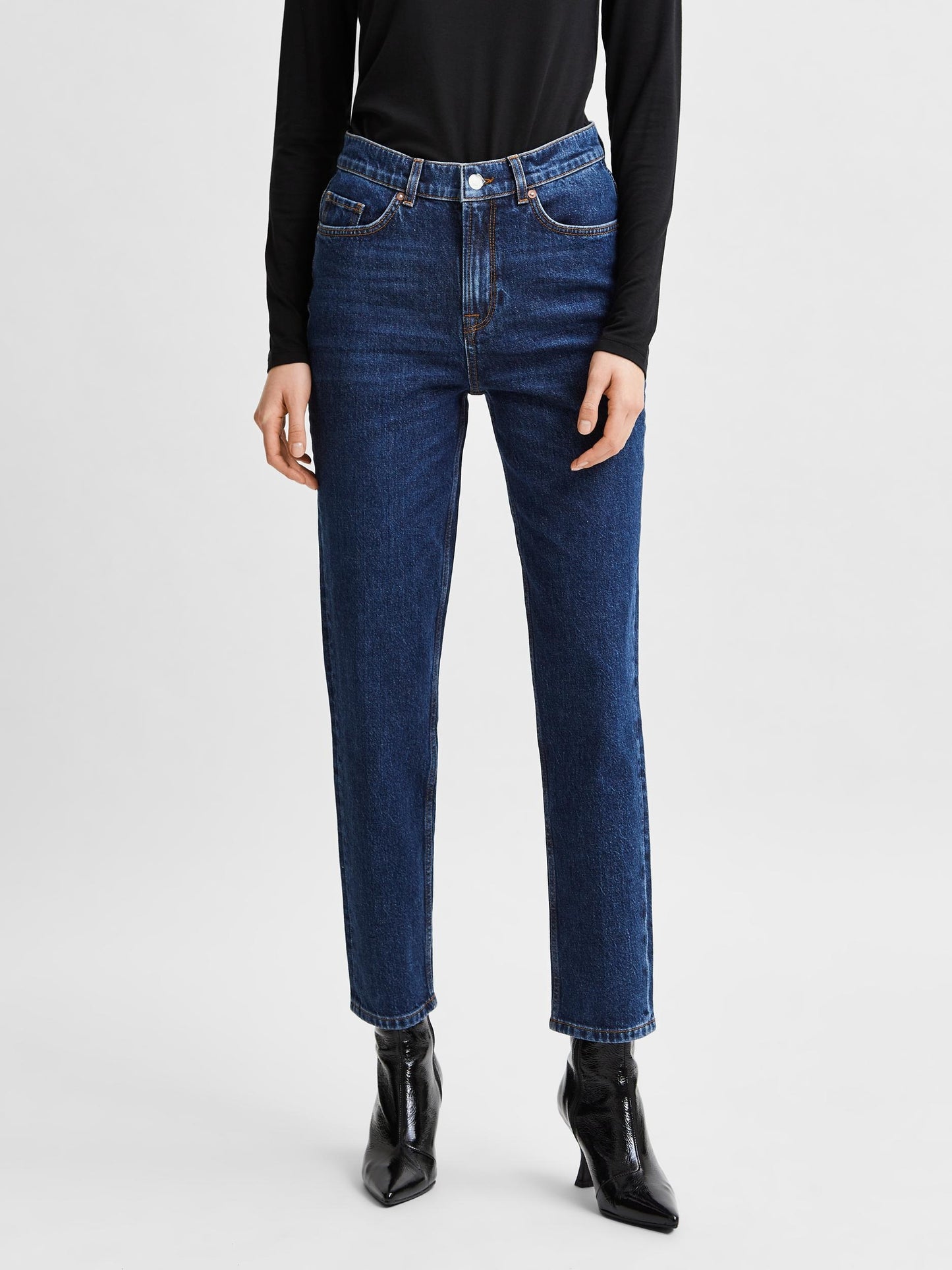 Amy HW Slim Row Jeans in Dark Blue Denim