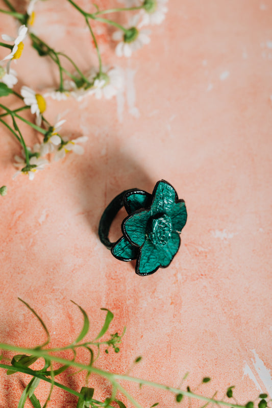 Daisy Leather Adjustable Flower Ring - Green (RING 107)