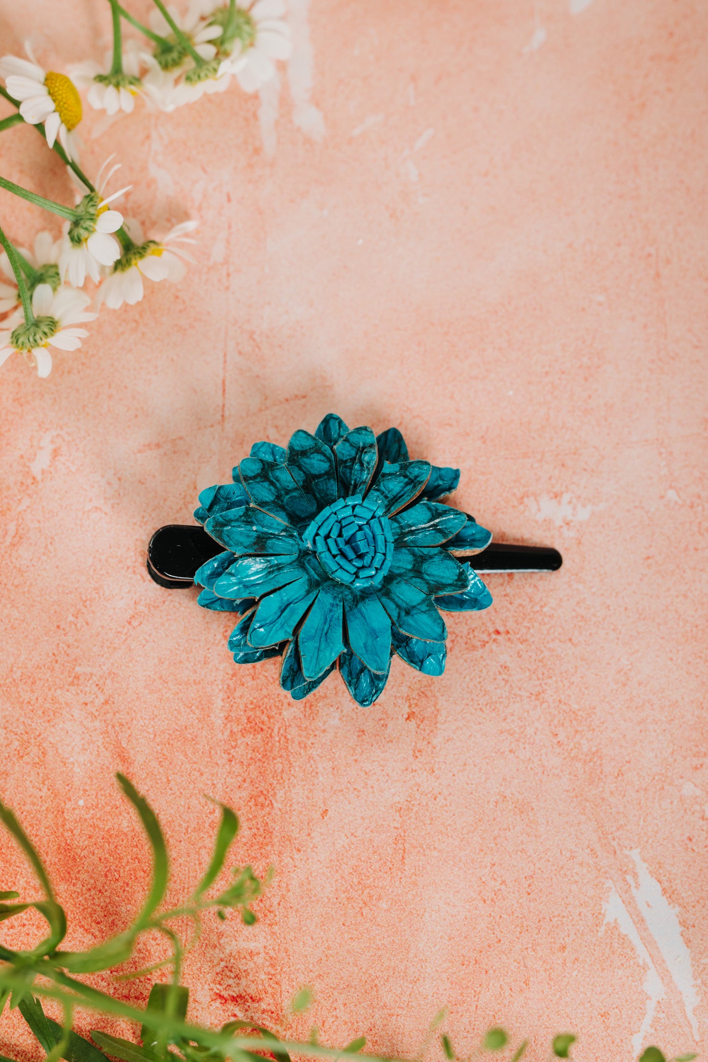Leather Flower Hair Clip - Turquoise (HRC 101)