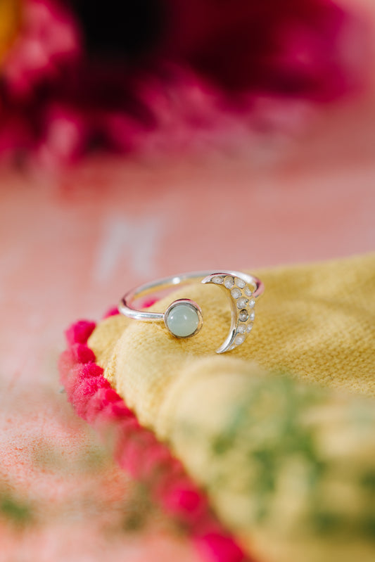 Sterling Silver Moon Ring in Aqua Chalcedony