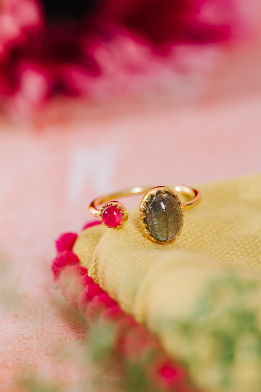 Gold Vermeil Two Stone Ring in Labradorite & Pink Chalcedony