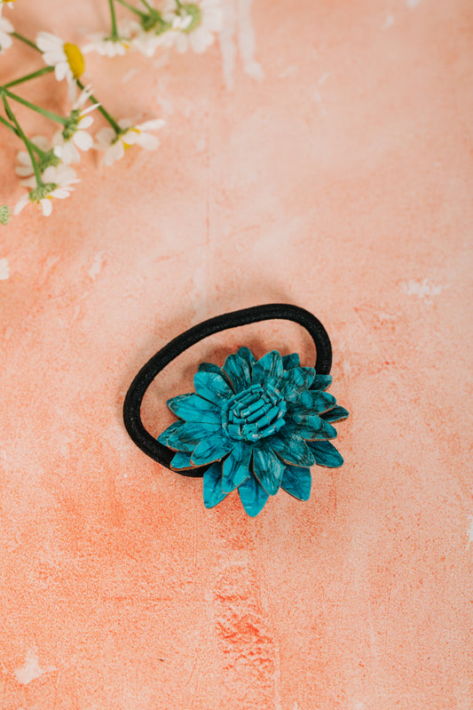 Leather Flower Hair Bobble - Turquoise (HRC 097)