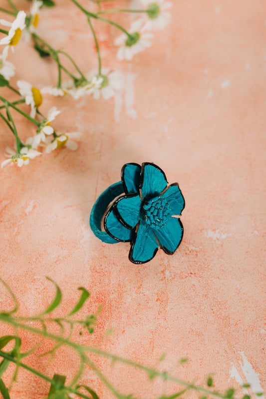 Daisy Leather Adjustable Flower Ring - Turquoise (RING 105)