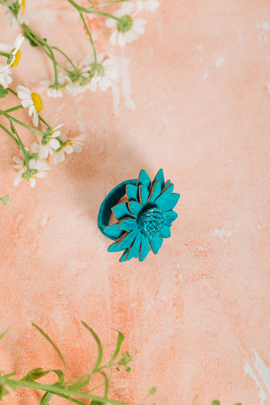 Leather Adjustable Sun Flower Ring - Turquoise (RING 105)