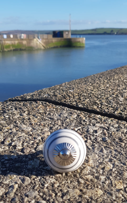 Grey Stripes on White Ceramic Knob