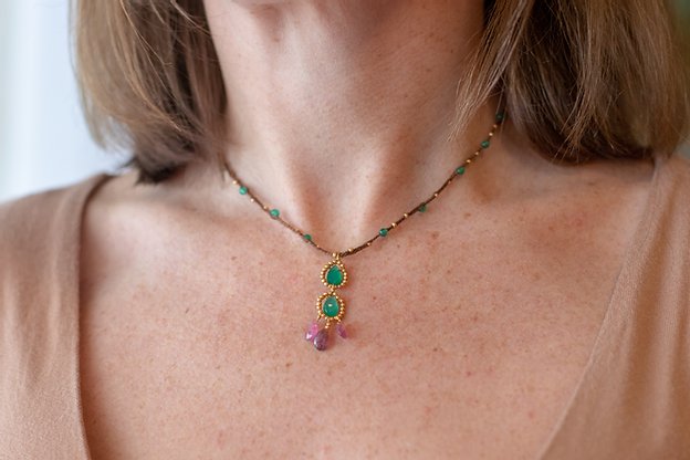 Gold Cotton Necklace with Green Onyx and Pink Tourmaline