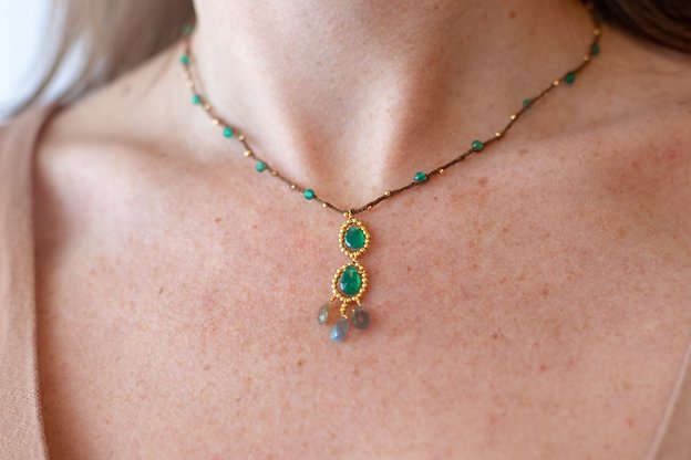 Gold Cotton Necklace with Green Onyx and Labradorite