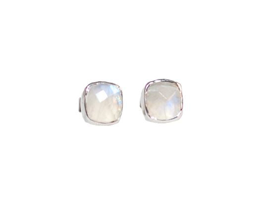 Sterling Silver Square Studs in Rainbow Moonstone