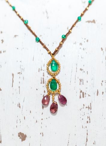 Gold Cotton Necklace with Green Onyx and Pink Tourmaline
