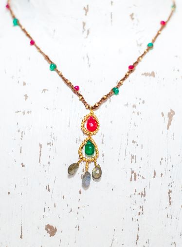 Gold Cotton Necklace with Pink Chalcedony, Green Onyx and Labradorite