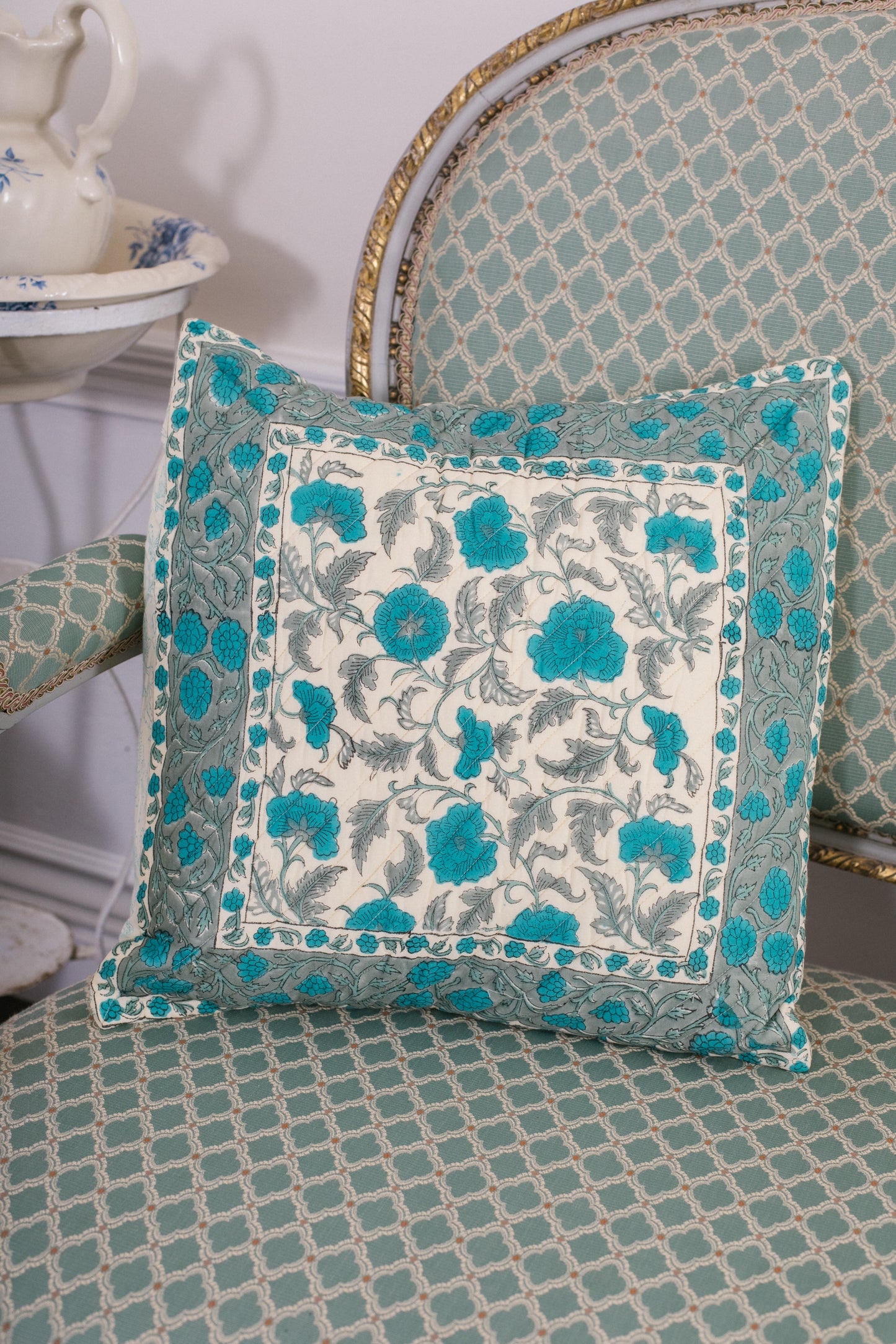 Jasmine Quilted Cushion Cover in Vintage Blue