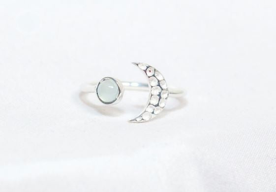 Sterling Silver Moon Ring in Aqua Chalcedony