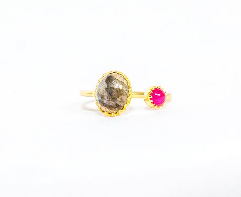 Gold Vermeil Two Stone Ring in Labradorite & Pink Chalcedony