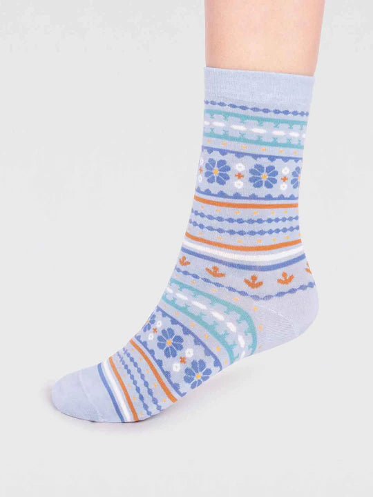 Flower Pattern Sock in Foam Blue 4-7