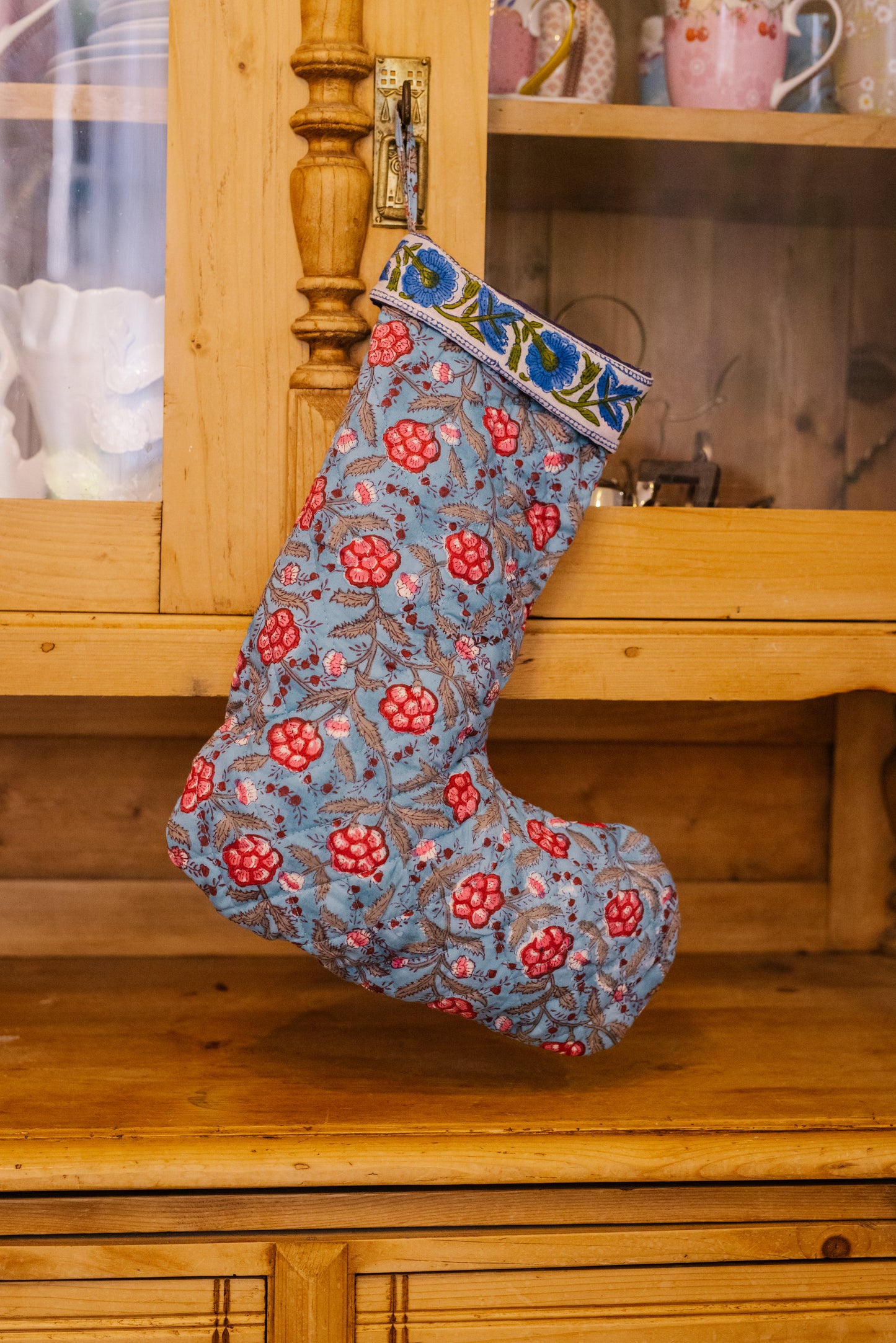 Christmas Stocking in Blue & Pink Floral