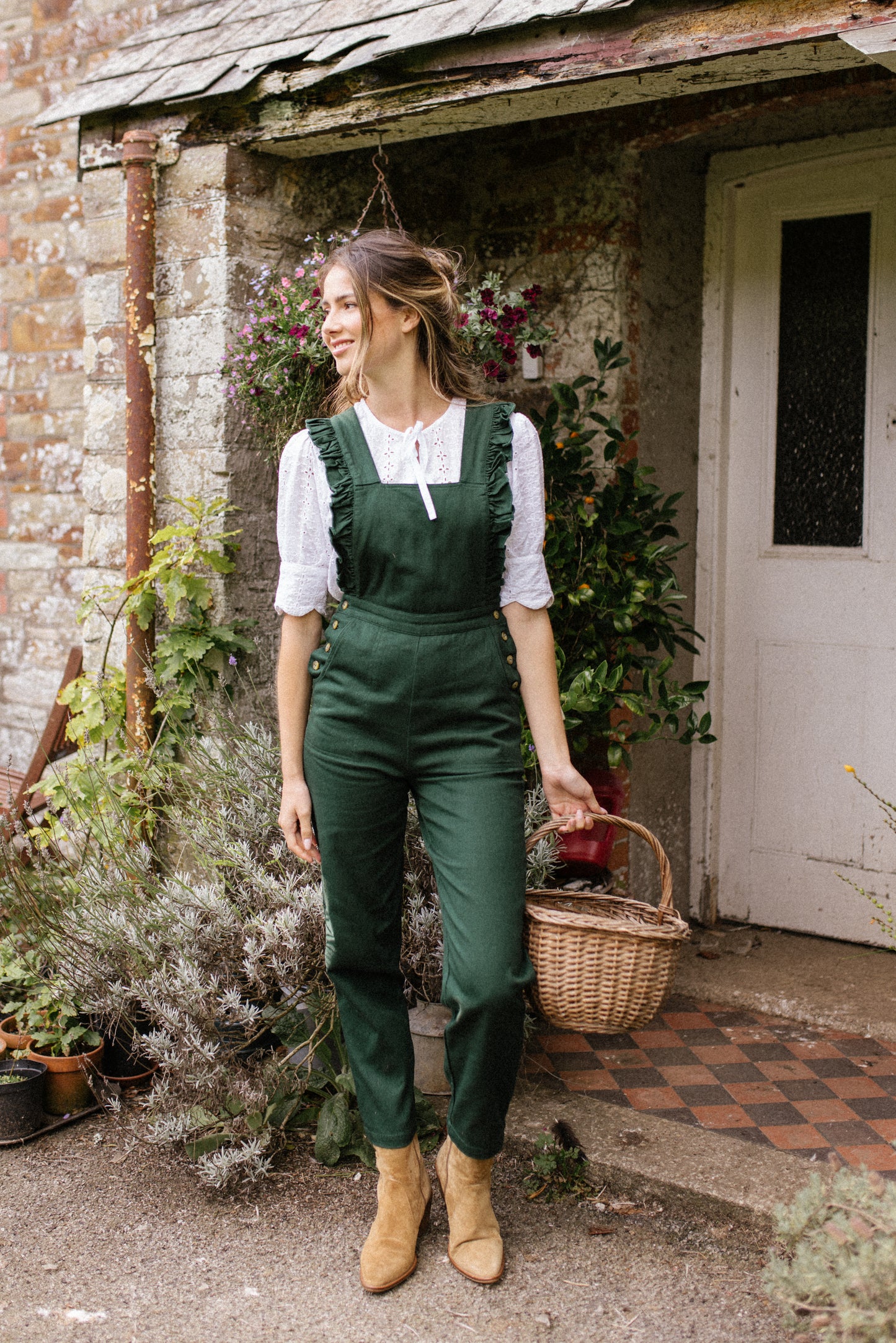 Ruffle Dungarees in Bottle Green