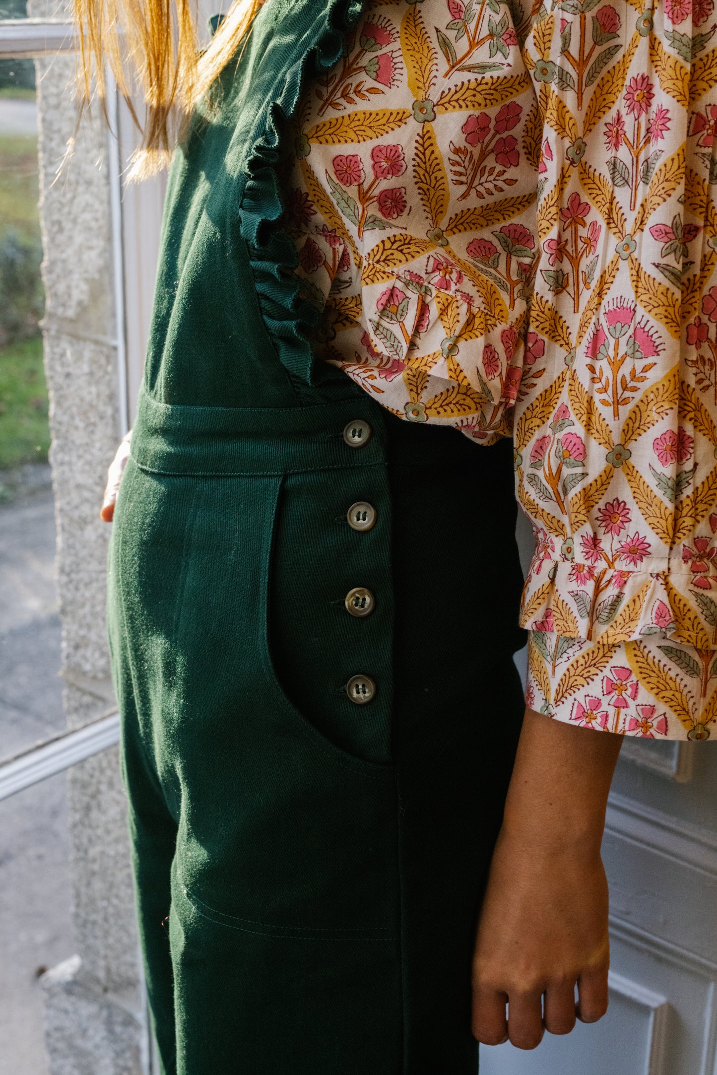 Ruffle Dungarees in Bottle Green