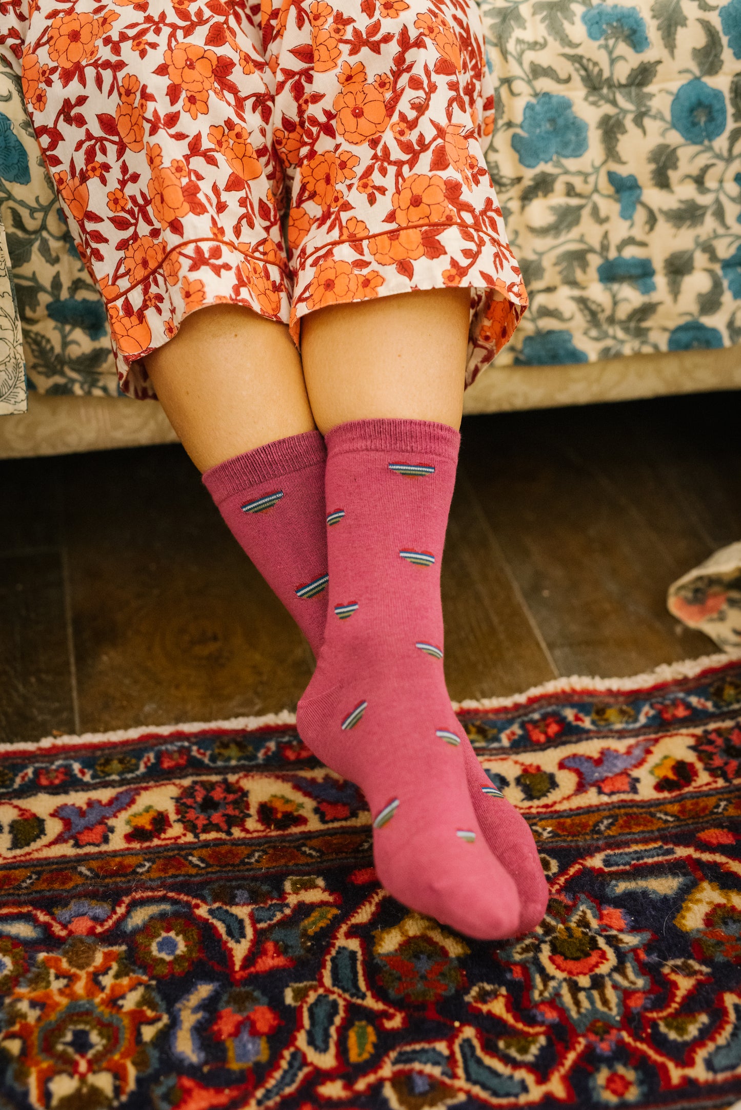 Cretia Heart Stripe Socks in Violet Pink