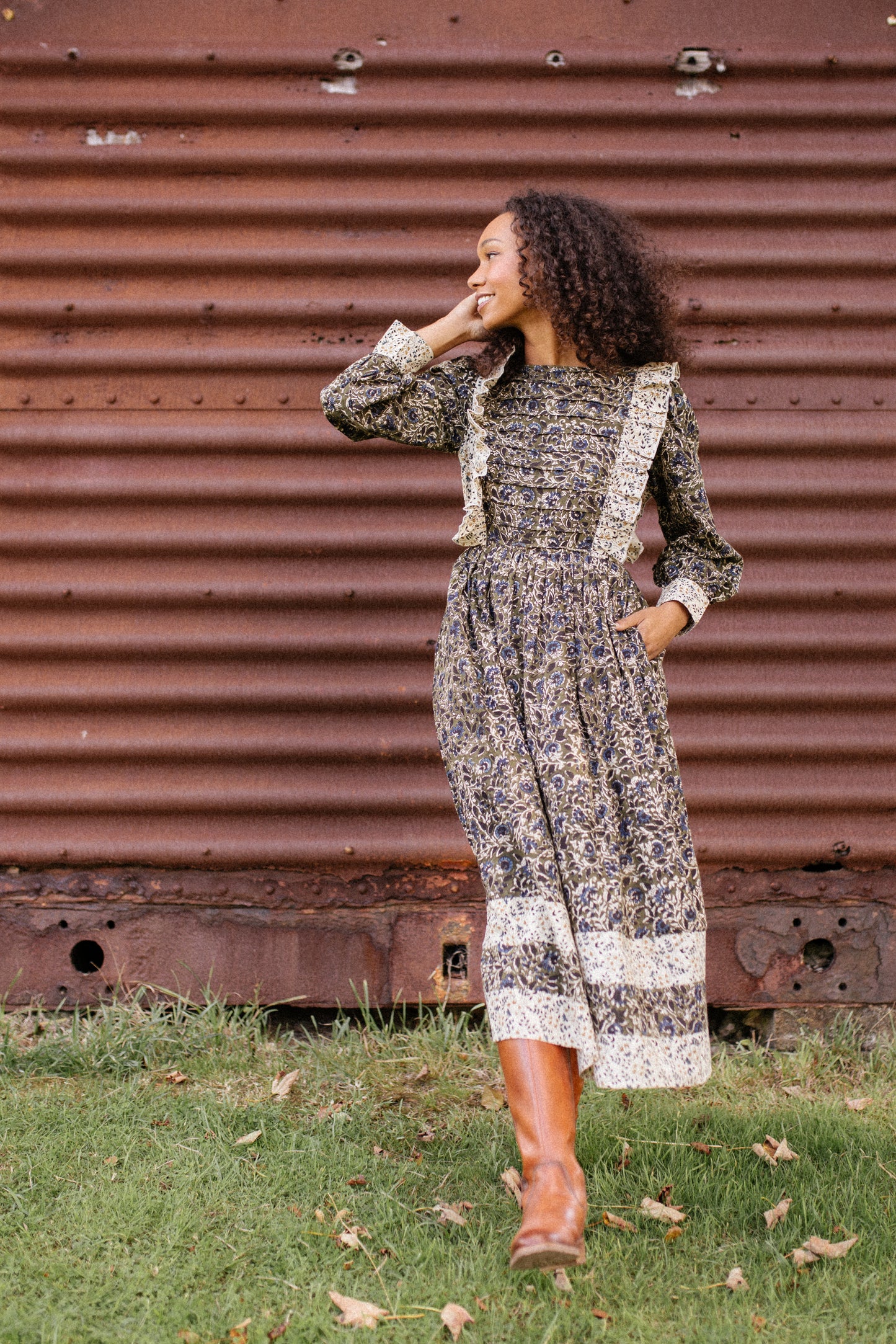 Willow Frill Dress in Olive & indigo