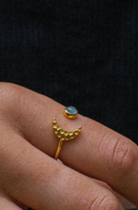 Gold Vermeil Moon Ring in Blue Chalcedony